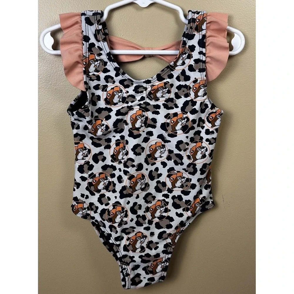 Buc-ee's 2T Baby Girl Leopard Print Beaver Logo Swimsuit‎ Ruffles & Bow